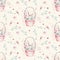 A watercolor spring illustration of the cute easter baby bunny. Rabbit cartoon animal seamless pink pattern with basket