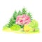 Watercolor Spring landscape, sakura pink flowers trees and yellow forsythia bush, Green nature forest landscape, scenery