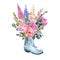 Watercolor spring rain boot with pretty floral bouquet. garden flowers illustration. Greeting card design