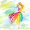 Watercolor spring running girl at light chiffon dress