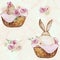 Watercolor spring seamless pattern with baskets with easter bunnies