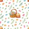 Watercolor spring seamless pattern with baskets full of colorful eggs, Easter cakes, tulips spring flowers and leaves