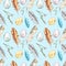 Watercolor spring seamless pattern with eggs, willow tree branches, assorted colorful feathers on blue background.