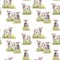 Watercolor spring seamless pattern with meadow and lambs. Hand painted green grass and a pair of sheep isolated on white