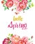 Watercolor spring season floral background with colorful red and pink flowers and hello spring brush lettering quote.
