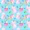 Watercolor spring and summer sweet desserts seamless pattern. Blue background with ice cream in a cone