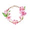 Watercolor spring wreath with cherry blossom. Hand painted botanical frame with tree branches, pink sakura flowers and leaves