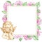 Watercolor square frame with a little angel and pink roses. Valentine`s Day floral template. Beautiful romantic frame