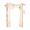 Watercolor square wedding arch with flowers. Hand drawn wood archway, peach color curtains, floral arrangement isolated