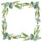 Watercolor square wreath with eucalyptus leaves and branches.