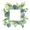 Watercolor square wreath with eucalyptus leaves and branches.