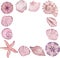 Watercolor square wreath of seashells, starfish. Ocean life frame. Pink and beige colors.