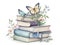 Watercolor with stack of books butterfly flower green leaves