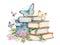 Watercolor with stack of books butterfly flower green leaves