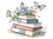 Watercolor with stack of books butterfly flower green leaves