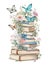 Watercolor with stack of books butterfly flower green leaves