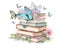 Watercolor with stack of books butterfly flower green leaves