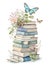 Watercolor with stack of books butterfly flower green leaves