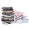 Watercolor Stay home card with vintage books. Isolation during an epidemic. Hand painted stack of books isolated on