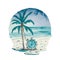 A watercolor sticker of a clock sitting on a beach with a palm tree in the background. AI-Generated.