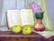 Watercolor still life. Book, lilacs in a vase and apples