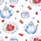Watercolor strawberrys vintage plates and teapot pattern
