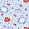 Watercolor strawberrys vintage plates and teapot pattern on blue