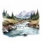 Watercolor Stream In Alpine Wilderness Hand Painted Drawing