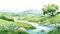 Watercolor Stream In Green Field: Yuumei-inspired Mountainous Vistas