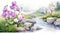 Watercolor Stream With Orchids: Hazy Landscape Painting