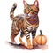 Watercolor striped bengal cat and pumpkin. Halloween illustration