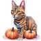 Watercolor striped bengal cat and pumpkin. Halloween illustration
