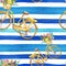 Watercolor striped seamless pattern with yellow bicycle and blue stripes on white background. Summer print