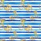 Watercolor striped seamless pattern with yellow bicycle and blue stripes on white background. Summer print