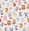 Watercolor stuffed animals pattern. Watercolor paper texture on the background. Valentines day