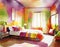 Watercolor of Stunning colorful bedroom with unique interior