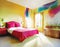 Watercolor of Stunning colorful bedroom with unique interior