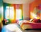 Watercolor of Stunning colorful bedroom with unique interior