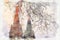 Watercolor style and abstract illustration of ancient gothic cathedral and bare trees