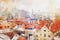 Watercolor style and abstract illustration of Prague old houses tile roofs, castle and cathedral. view from above