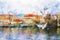 Watercolor style and abstract illustration of Prague and Vltava river view from Charles bridge