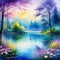 watercolor style beautiful dreamy landscape of forest