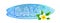 Watercolor style blue surfboard silhouette with vector doodle Bali sign with hearts, little surfing boards, waves and