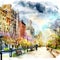 Watercolor style of a city in new york at the spring season with street, clouds, bench, park, trees and birds