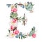 Watercolor style Floral Monogram Letter E with many kind of flowers and succulent.