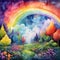 Watercolor style landscape rainbow forest. Rainbow fairy background.