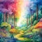 Watercolor style landscape rainbow forest. Rainbow fairy background.
