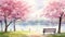 watercolor style, park with sakura blossoms, bench on the river bank, no people