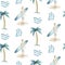 Watercolor style seamless surfing pattern of surf man and woman surfers silhouettes with surfboard wave background