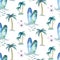 Watercolor style seamless surfing pattern of surf man and woman surfers silhouettes with surfboard wave background